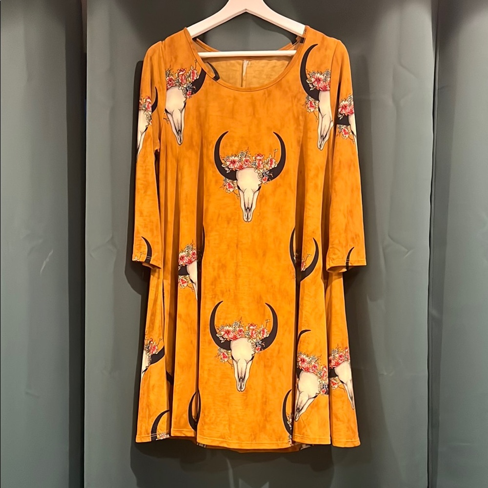 Mustard Floral Cow Skull Print Dress